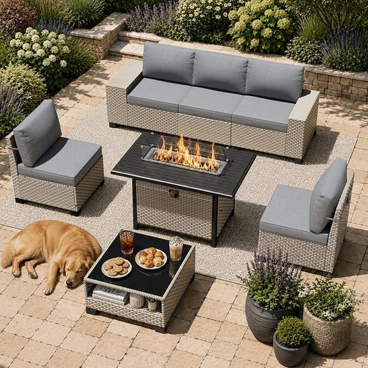 7-Piece Outdoor Patio Furniture Set with Fire Pit, Modular Sectional Sofa Set with Glass Coffee Table and Cushions, Wicker Outdoor Couch Conversation Sets, Gray