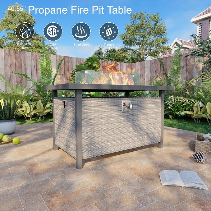 7-Piece Patio Furniture Set, Outdoor Patio Conversation Set with 60,000 BTU Fire Pit Table, PE Rattan Wicker Sectional Sofa with Large Capacity Seats, Widened Armrests, Extra High Backrest, Grey