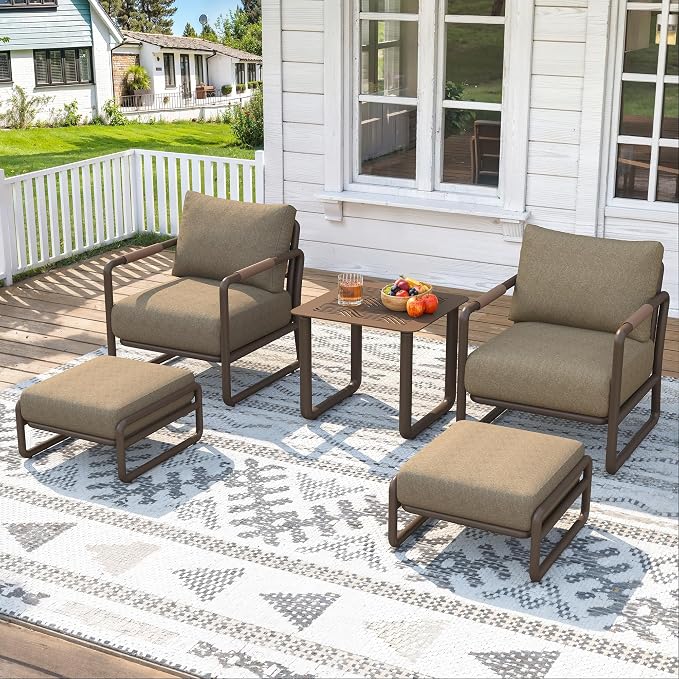 All-Weather 2-Seat Aluminum Patio Set with Ottomans, Outdoor Conversation Sofa with 6.5" Thick Olefin Cushions, Rust-Resistant for Pool, Garden, Backyard (Brown)