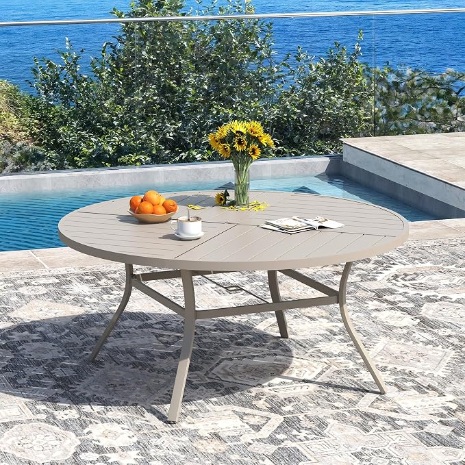 DIFY 9 Piece Outdoor Patio Dining Set for 8, 53.1" Round Dining Table with Umbrella Hole and Stackable Metal Chairs, Patio Table and Chairs Set for Backyard Garden Poolside, Sandshell