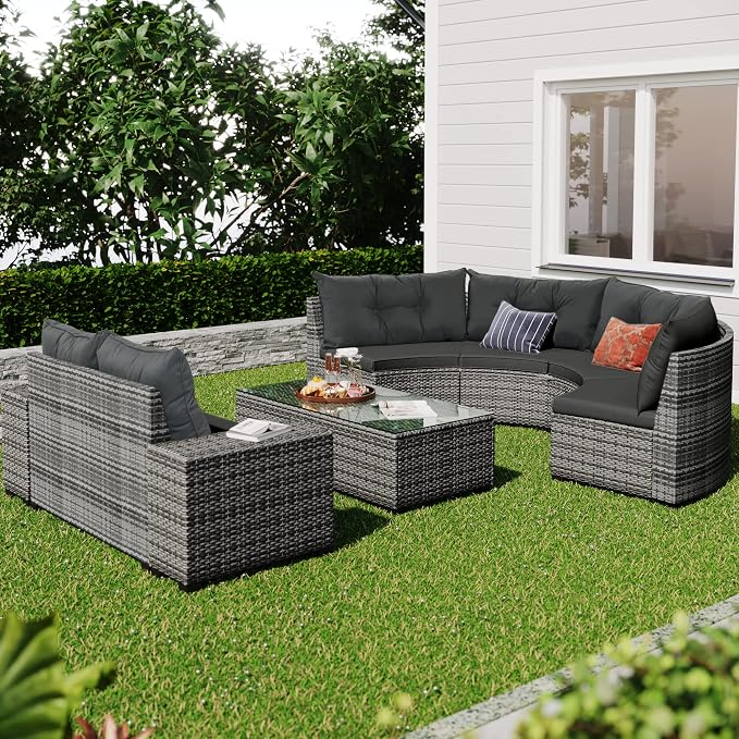 LUMISOL 8-Piece Outdoor Half-Moon Curved Sofa Set, Outdoor All-Weather Wicker Patio Conversation Set with Coffee Table and End Tables for Porch,Backyard, Gray