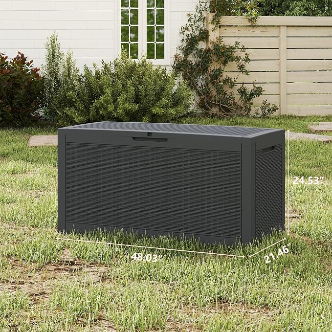Outdoor Storage Box, 110 Gallon Waterproof Deck Box [Upgraded 3.0], Auto-Open Gas Struts Resin Organizer for Lounger Pillows, Secure Lockable Backyard Storage Bench, Poolside Deck, Black