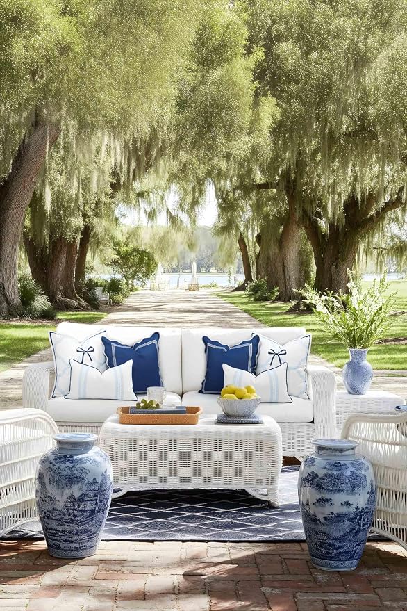 Hofdeco Premium Coastal Hampton Patio Indoor Outdoor Lumbar Pillow Cover Only, 12"x20" Water Repellent for Backyard, Couch, Poolside, Baby Blue Navy Print Leaf Striped