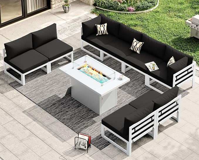 RADIATA 9 Piece Luxurious Aluminum Patio Furniture Set with Fireplace, 500 lbs Durable Outdoor Sectional Sofa, 29" Deep and Wide Big Seats, U Shaped Combo Conversation Couch for Outside Deck, Black