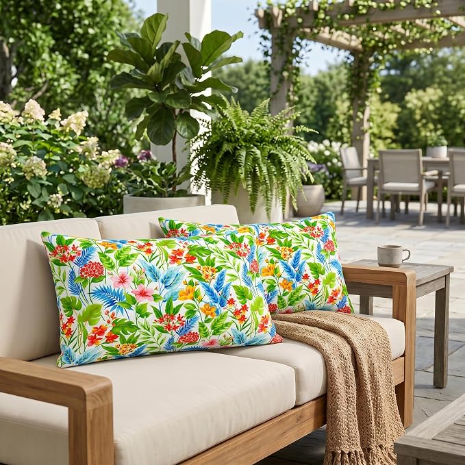 RSH DECOR: Lumbar Throw Pillows Set of 2 | 20” x 12" | All-Weather Spun Fabric | Outdoor Support Pillows for Patio Furniture | Made in USA (Carena Multi)