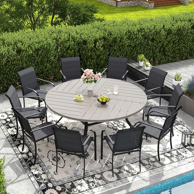 DIFY 11 Pieces Outdoor Patio Dining Set for 10, 63" Grey Wood-Like Round Metal Patio Table and 10 Grey Stackable Textilene Patio Chairs, Outdoor Table and Chairs for Backyard Garden Poolside