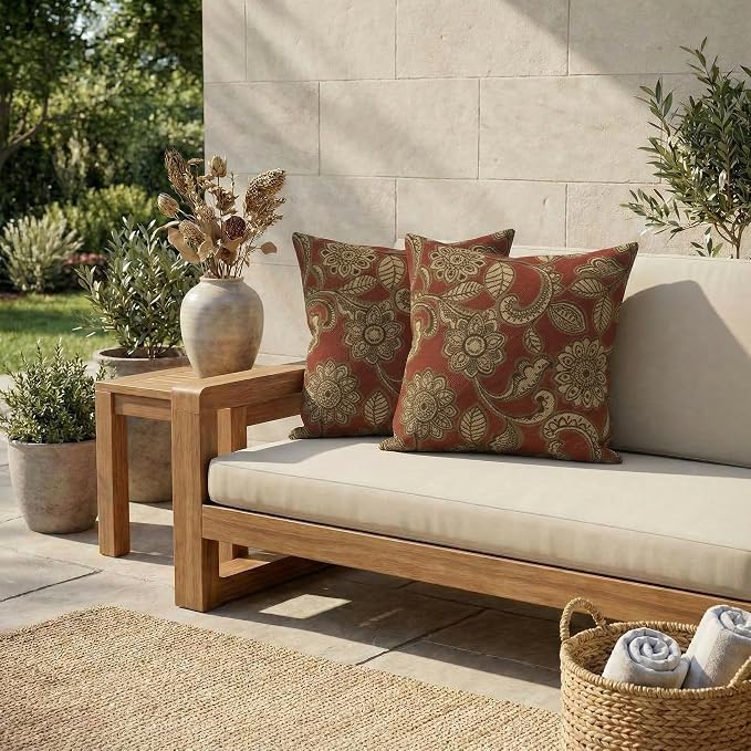 RSH DECOR: Outdura Square Throw Pillows Set of 2 | 17" x 17" | Water and Fade-Resistant Performance Fabric | Outdoor Pillow Covers with Down-Alternative Inserts | Made in USA (Veranda Crimson)