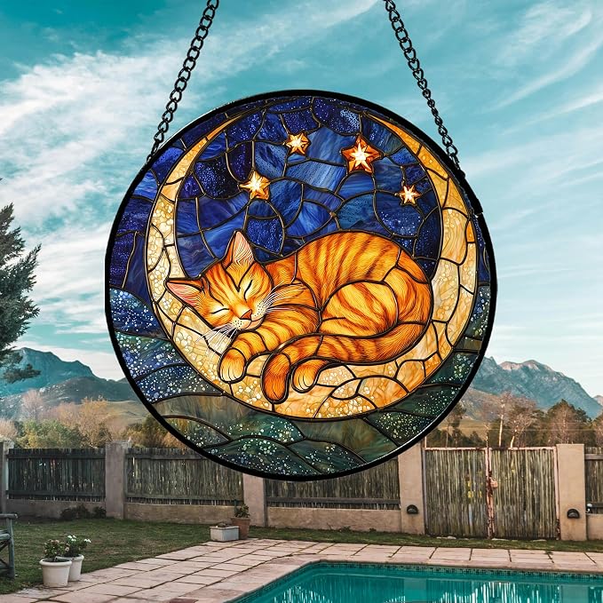 Stained Glass Window Hanging - Orange Moon Sleeping Cat Sun Catcher for Door Home Decor Blue Starry Sky Suncatcher Christmas Mother's Day Birthday Gifts for Women Men Mom Nana 6.3 in