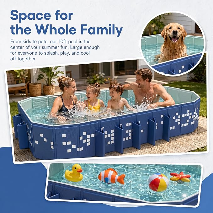 Foldable Pool Non-Inflatable, 122"×65"×20" Extra Large Collapsible Swimming Pool for Kids Adults, Hard PVC Board, 14 Triangle Supports, Family Backyard Outdoor Pool, Blue