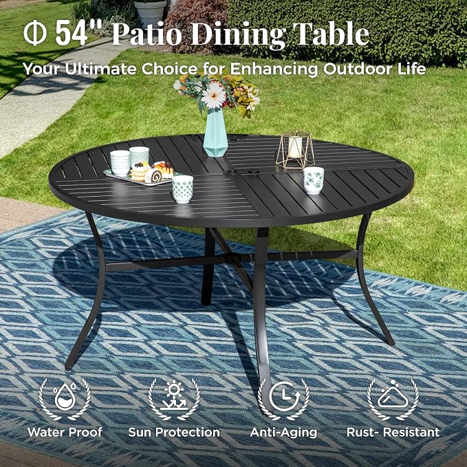 MIXPATIO Patio Table and Chairs Set, 7 Pieces Patio Dining Set with 6 Textilene Chairs, and Round Outdoor Dining Table with Umbrella Hole for Garden Lawn Porch and Backyard Poolside, Grey