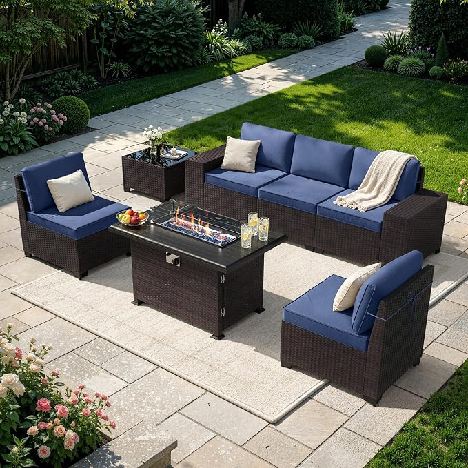 Patio Furniture Set 7 Pieces Outdoor Furniture Patio Conversation Set w/43in Gas Fire Pit,PE Rattan Wicker 7 Pcs Outdoor Sofa Set w/55000 BTU Propane Fire Pit Table,NavyBlue