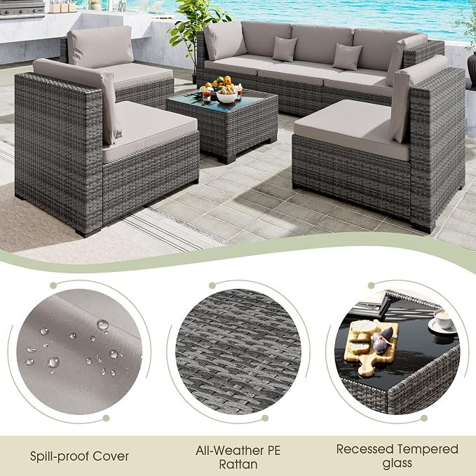 LHBcraft 7 Piece Patio Outdoor Furniture Set, Outdoor Sectional, All-Weather Hand-Woven Wicker Patio Sectional Sofa, Rattan Outside Furniture with Grey Cushion and Glass Coffee Table