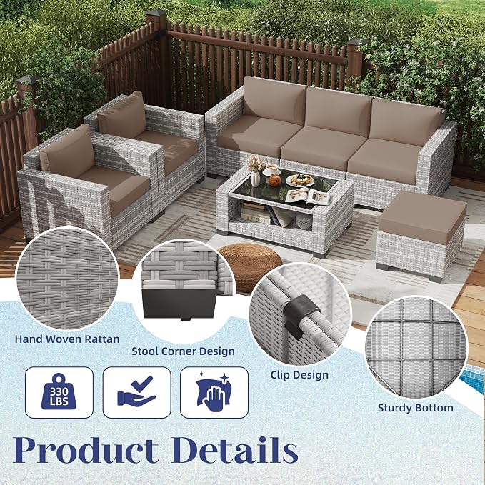 KIGOTY Patio Furniture Set 7 PCS Patio Conversation Sets, All-Weather PE Rattan Outdoor Sectional Sofa with Cushion and 2- Tier Glass Coffee Table（Grey White/Camel）
