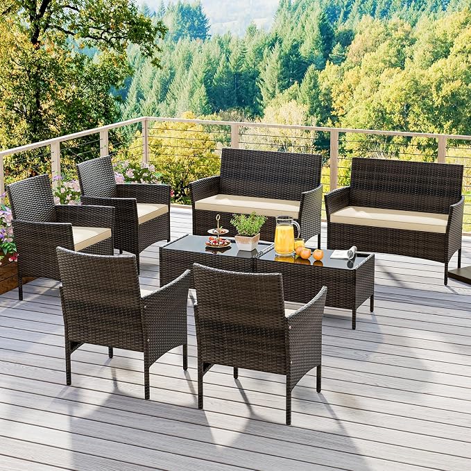KOTEK 8 Piece Patio Furniture Set, Outdoor Rattan Conversation Set with Loveseat, Wicker Chairs, Tempered Glass Coffee Table, Wicker Patio Set for Backyard, Porch (Beige)