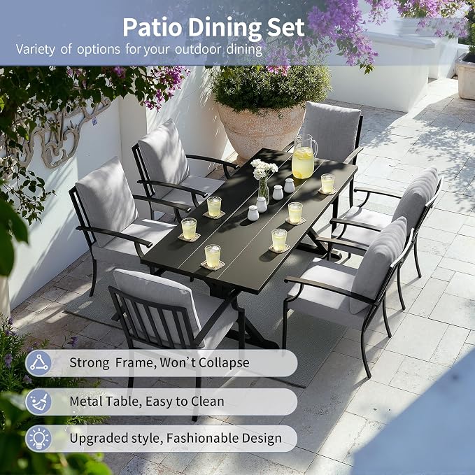 Kullavik 7 Pcs Outdoor Dining Set,Patio Dining Table and Chairs Set for 6,Fence Pattern Back Chairs with Thickened Cushions & X-Frame Metal Dining Table with Umbrella Hole for Patio,Grey
