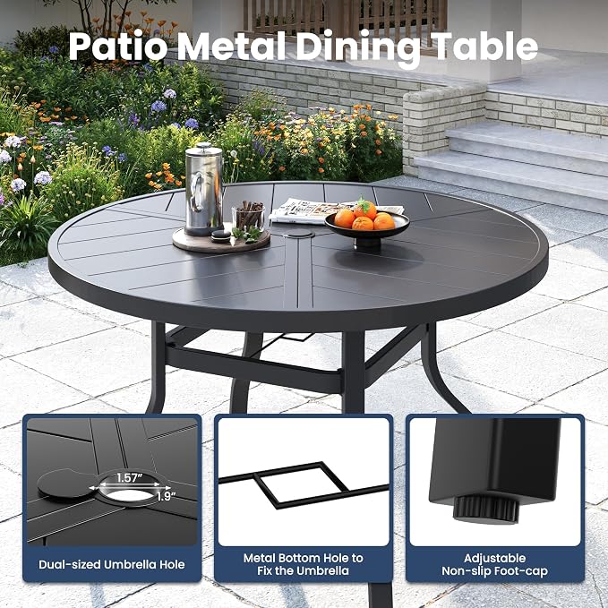 Amopatio 5 Pieces Patio Dining Set for 4, Outdoor Table and Chairs, 4 All Weather Stackable Patio Chairs, 39" Patio Spliced Round Table with Umbrella Hole, for Deck, Backyard, Garden, Gray