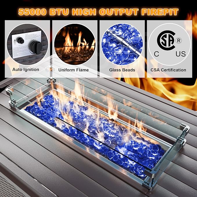 Kurapika 7 Pieces Patio Furniture Set, Rattan Wicker Outdoor Conversation Sets w/43in Propane Fire Pit Table and 4 Inch Cushion(Blue)