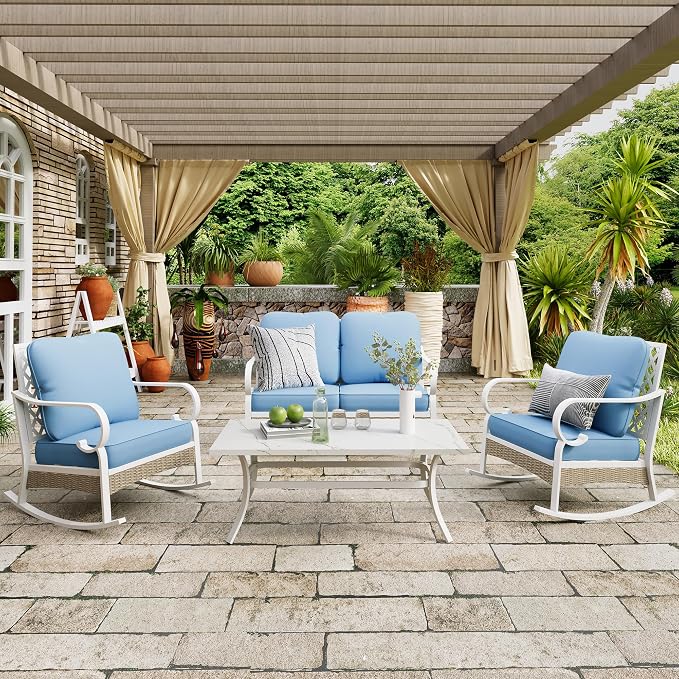 MIXPATIO 4 Piece Patio Furniture Set, 2 x Rocking Chair, 1 x 2-Seat Sofa with Marbling Coffee Table, All Cushioned 4 Seats Outdoor Conversation Set for Lawn Garden Backyard, Blue