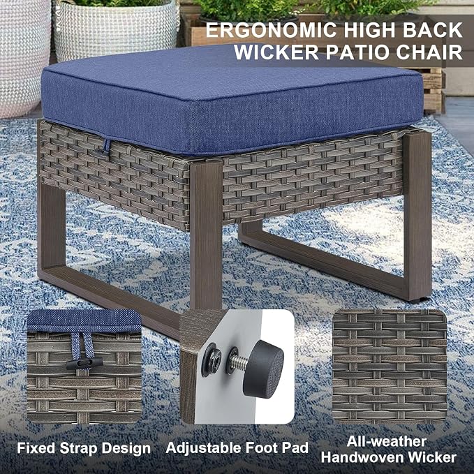 Belord 5 Piece Outdoor Wicker Patio Conversation Furniture Set Deep Seating, Metal Wide Armrests Patio Sofa Set with Rattan Chairs Ottomans for Porch Deck Sunroom Backyard