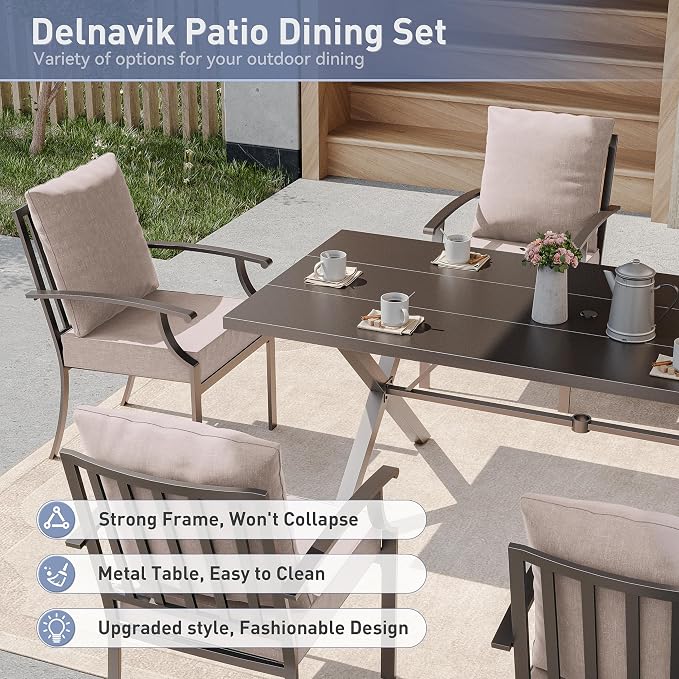 Kurapika 7-Piece Outdoor Dining Set, Includes 1 Large Metal Table with Umbrella Cutout and 6 Fixed Metal Chairs, for Decks, Yards, Gardens, Porches, Sand