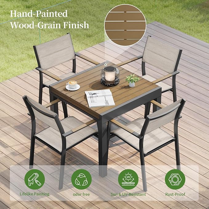 5 Piece Outdoor Dining Set, Expandable Outdoor Patio Dining Table Set for 4-6 Person, Aluminum Outdoor Table and 4 Chairs with Textilene Fabric & Armrest for Patio, Garden, Lawn, Deck(Brown)