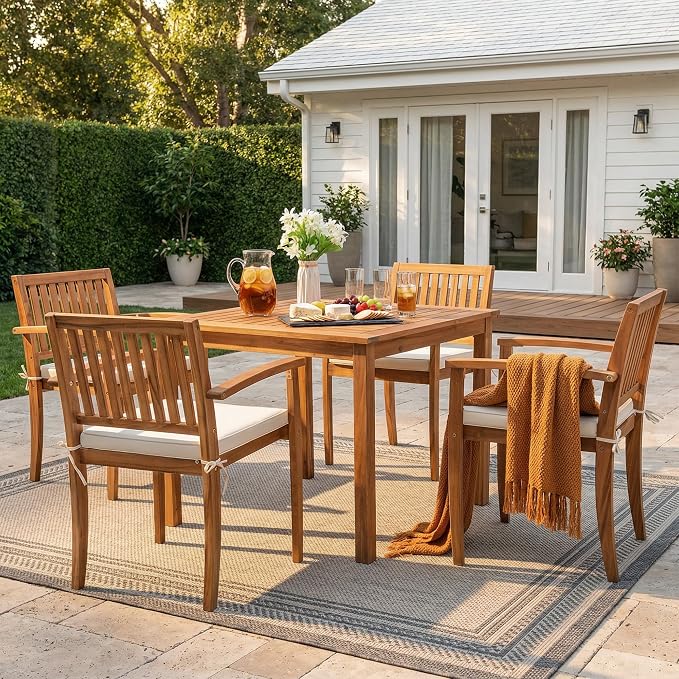 Devoko 5 Pieces Patio Table and Chairs Set Acacia Wood Outdoor Furniture | Patio Dining Set with Comfy Cushions for 4, Outdoor Dining Table and Chairs for Lawn, Garden, Backyard, Deck, Natural Wood