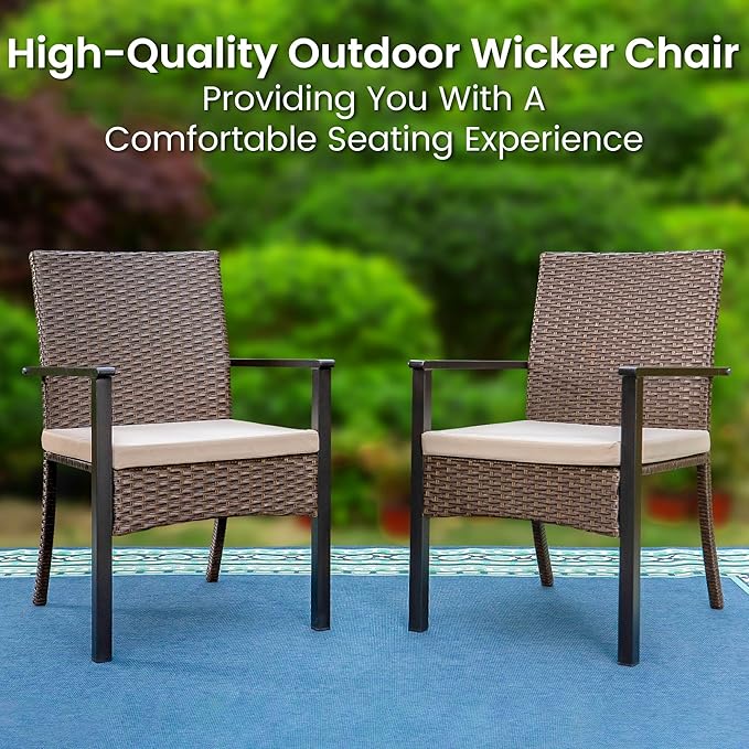 PHI VILLA 7pc Patio Dining Set with Blue Umbrella, 6 Rattan Chairs | 60" Metal dining table, 6 cushioned rattan wicker chairs, 13ft blue umbrella. Perfect for patio, deck, yard, or porch.