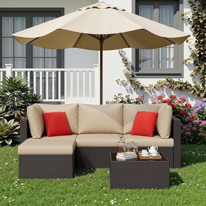 Shintenchi 5 Pieces Patio Furniture Sets Outdoor All-Weather Sectional Patio Sofa Set PE Rattan Manual Weaving Wicker Patio Conversation Set with Glass Table&Ottoman Cushion and Red Pillows, Beige