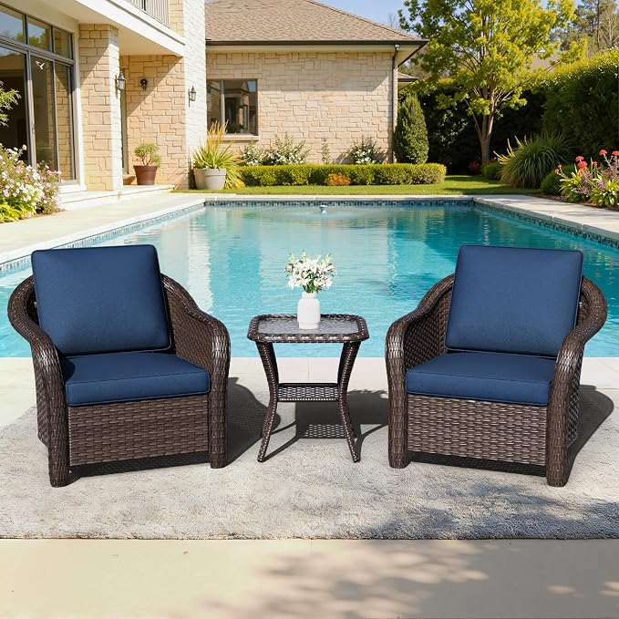 Outdoor Chairs with Side Table, Patio Wicker Chairs, Outside Conversation Furniture Set with Washable Cushions for Sunroom, Gazebo, Poolside (Navy Blue)