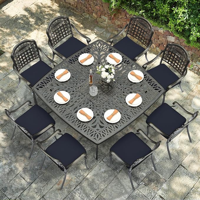 VIVIJASON 9-Piece Outdoor Dining Set, Cast Aluminum Retro Patio Furniture Table and Chairs Set for 8, Include Large 64" Square Dining Table and 8 Cushioned Chairs with Umbrella Hole, Navy Blue