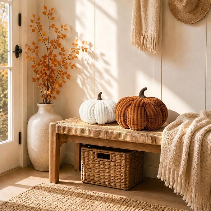 AELS Pumpkin Throw Pillows Set of 2, 14" Cinnamon & Cream Fall Pillows | for Couch Sofa Bed Living Room Home Decor, Farmhouse 3D Fall Halloween Thanksgiving Decorative Accent Pillows