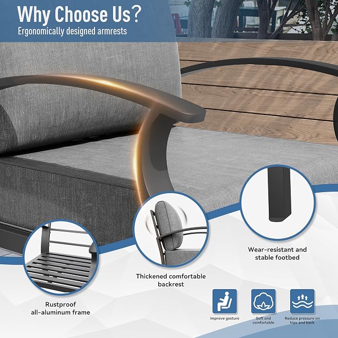 Kurapika Aluminum Patio Furniture Set 5-Seat Modern Metal Outdoor Conversation Sets w/5.1 Inch Cushion Patio Sectional Sofa with Rectangular Coffee Table, Grey