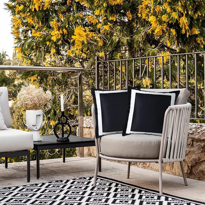 Pyonic Set of 2 Black Outdoor Pillow Covers Waterproof 18x18 Black and White Square Decorative Pillow Covers Geometric Pillowcases for Patio Furniture Garden Porch