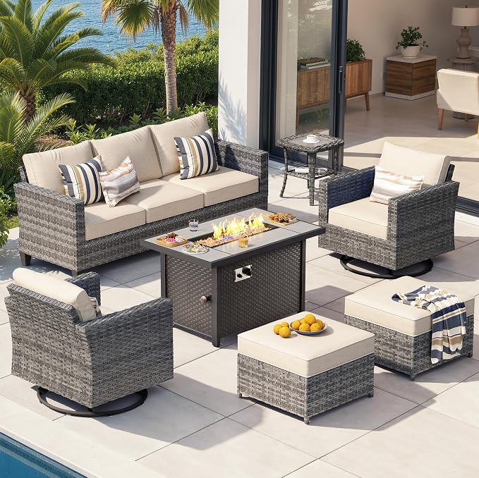 CAODOC 7-Piece Outdoor Wicker Patio Set with 7 Seats, Including 43" Fire Pit - Swivel Rocker Chairs and Conversation Set for Backyard or Lawn, Gray Rattan with Waterproof Beige Cushions
