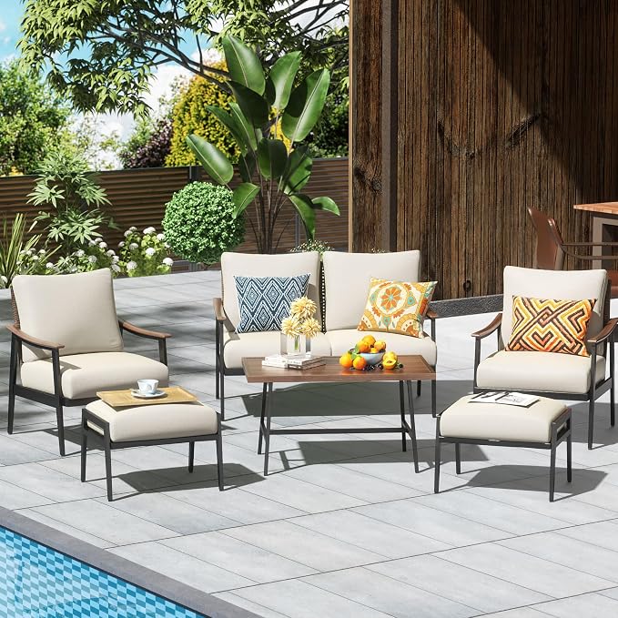 NATURAL EXPRESSIONS 6 Pieces Patio Furniture Set, Outdoor Furniture Sofa Sectional Modern Metal Patio Conversation Set with High Back Wicker Backrest & Loveseat for Balcony, Backyard, Deck, Porch