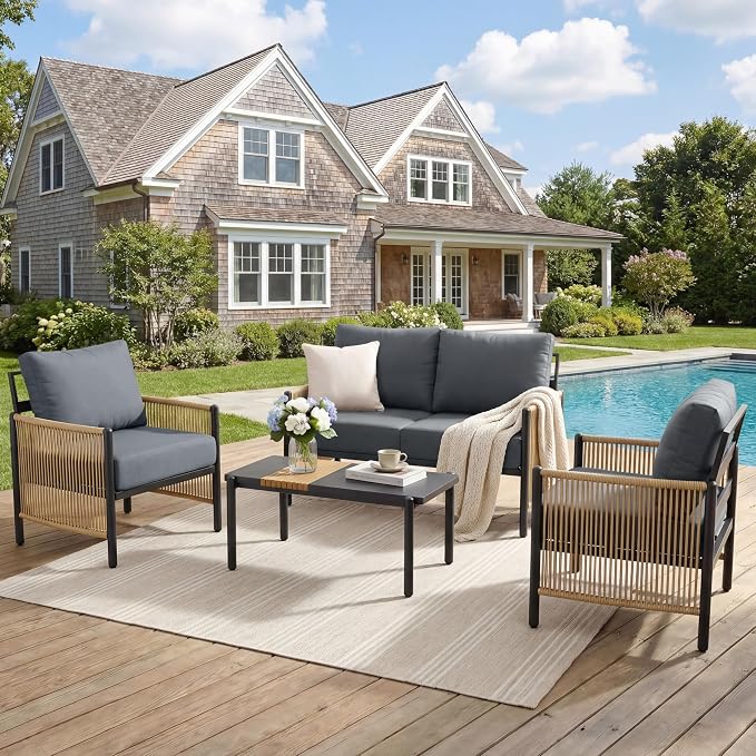 Aluminum Patio Furniture Set, 4 Seats Outdoor Patio Furniture with Coffee Table, Outdoor Wicker Conversation Sets with Cushion for Backyard, Balcony,Porch,Dark Grey