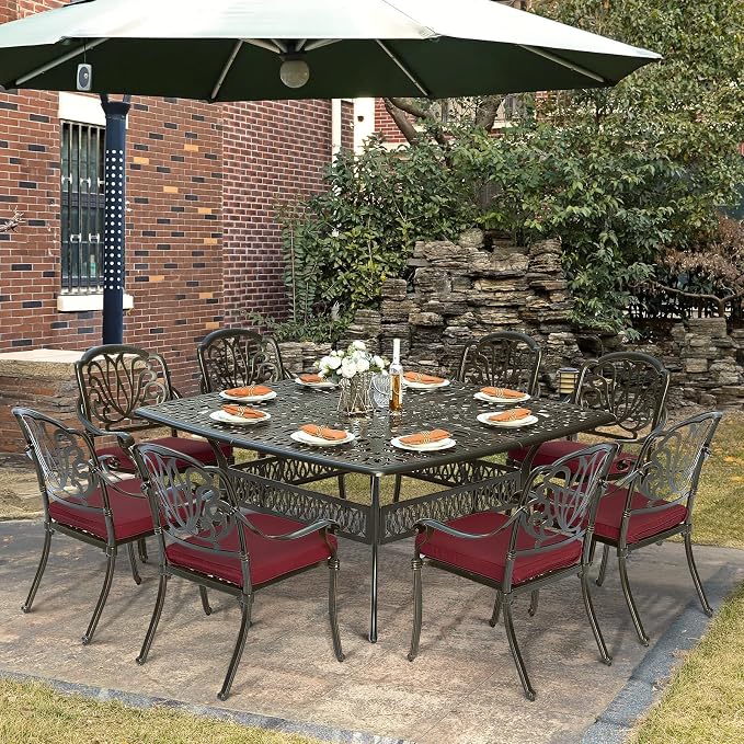 9-Piece Patio Cast Aluminum Dining Set, Outdoor Dining Furniture Set for 8 Person, Includes 64" Square Table and 8 Cushioned Chairs with Umbrella Hole for Patio Deck Garden, Red