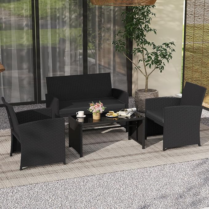 Tangkula 4 Pieces Patio Wicker Furniture Set, Outdoor Heavy Duty Rattan Cushioned Chairs, Loveseat and Tempered Glass Coffee Table, for Backyard, Balcony, Poolside (1, Black)