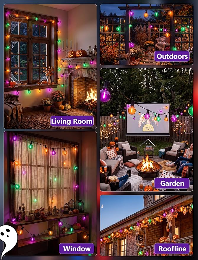 LED Outdoor String Lights 25Ft Orange Purple and Green Halloween Lights Outdoor with 27 Shatterproof LED Globe Bulbs, Connectable Halloween Decorations Lights for Home Patio Garden Christmas Party