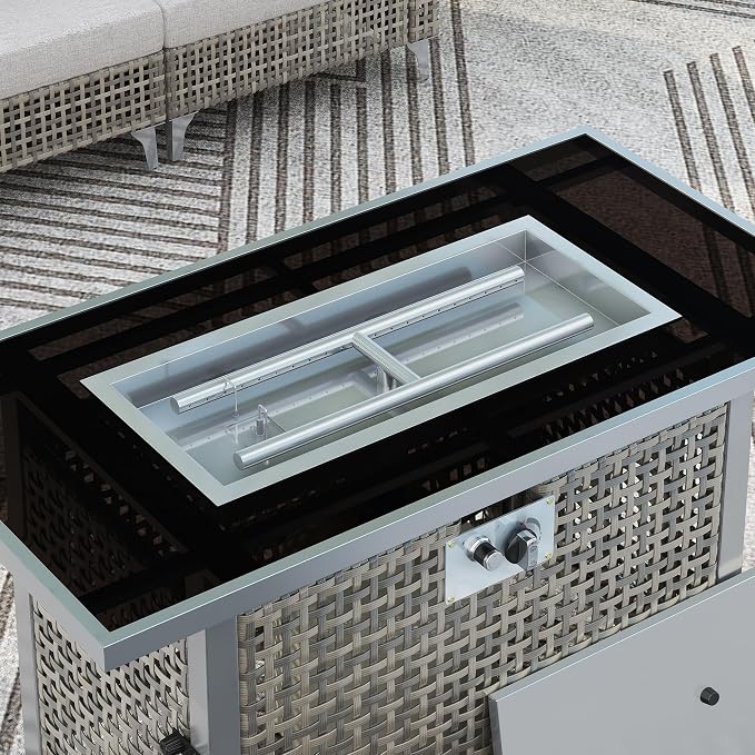 43" Propane Gas Fire Pit Table, 60000 Btu Rectangular Open Weave Wicker Fire Pit with Glass Wind Guard for Outside Patio Deck Garden Backyard - Grey