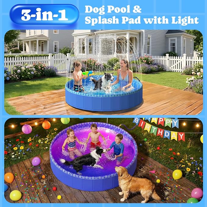 Foldable Dog Pool with Sprinkler RGB LED Light, 79" Collapsible Hard Plastic Kiddie Swimming Splash Pool for Small Medium Large Doggie Kitty Puppy, Pet Bathing Tub Wading Pool for Dogs Blue