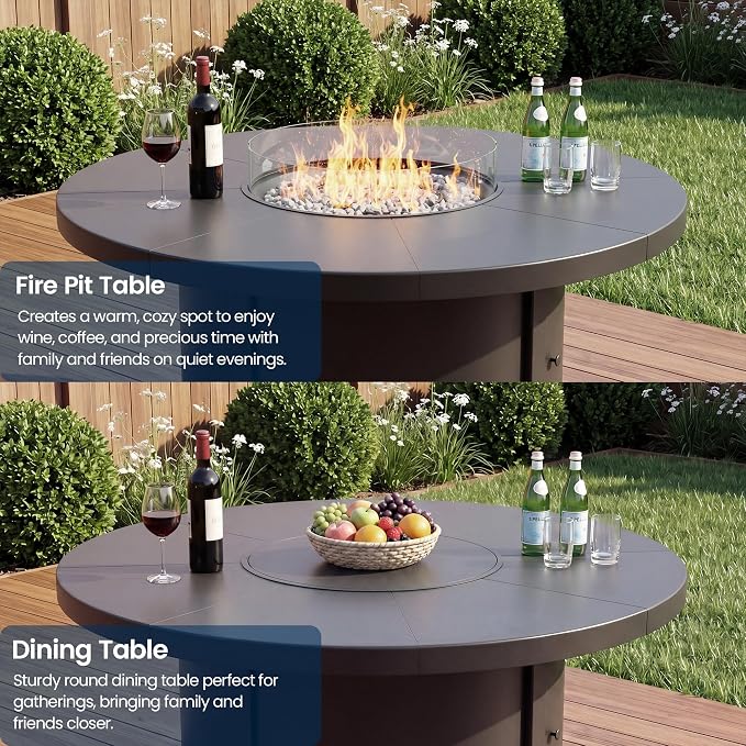 5 Pieces Outdoor Patio Furniture Set with 48" 55000 BTU Round Propane Fire Pit Table,Patio Dining Set Outdoor Conversation Sets 4 Swivel Chairs for Deck,Backyard and Garden,Brown
