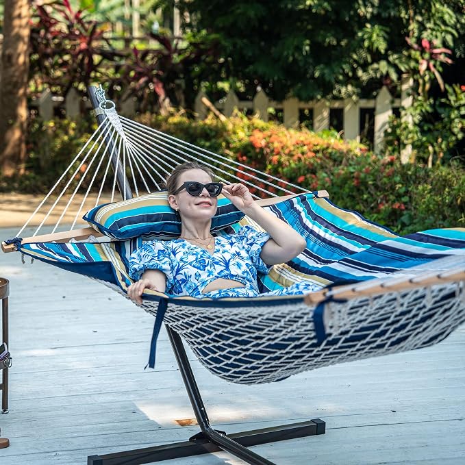 Lazy Daze Hammocks 2 Person Portable Hammock with 12FT Stand, Double Hand Woven Cotton Rope Hammock with Detachable Quilted Pad & Pillow for Outside, 450lb Capacity, Beach Stripes
