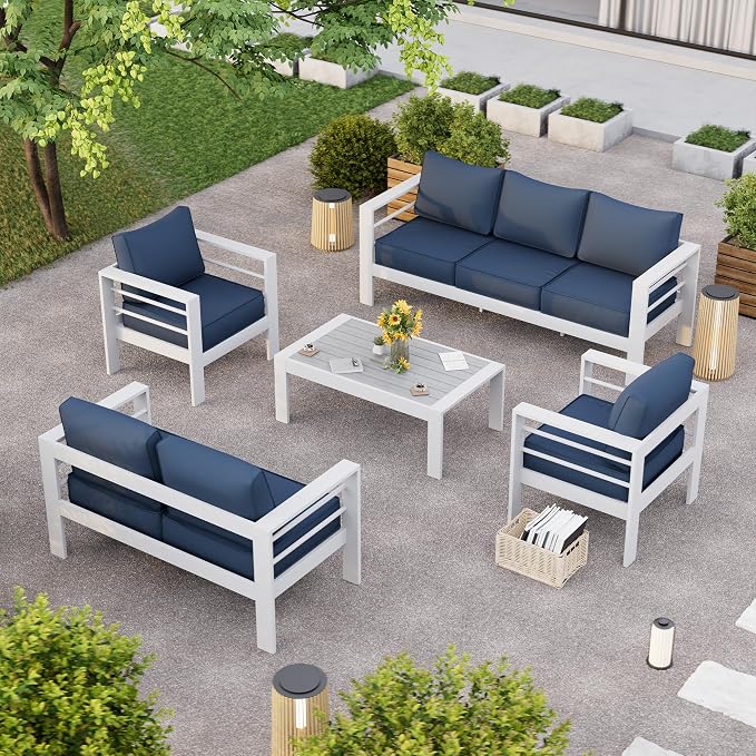 Aluminum Patio Furniture Set,Outdoor Metal Sectional Sofa with Table and Waterproof Covers,Blue Modern Patio Furniture Set for Garden Backyard (8-Piece)