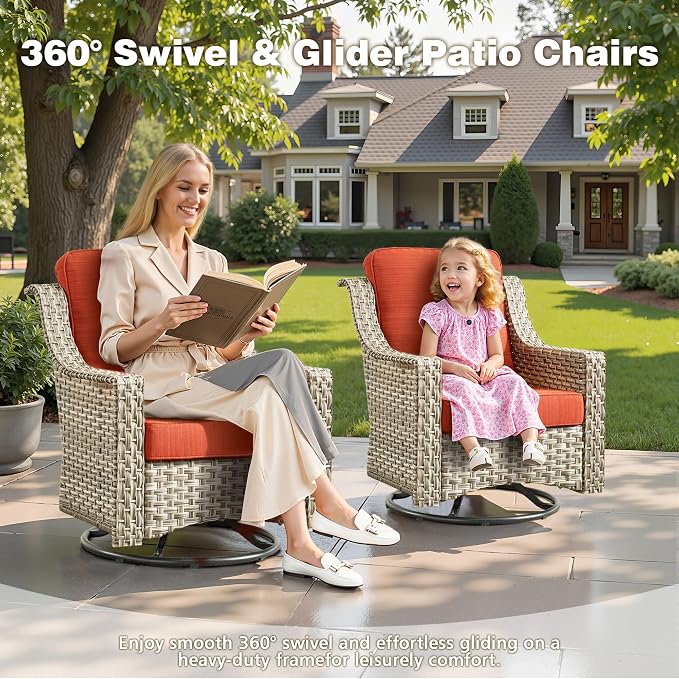 CAODOC 11 Pieces Outdoor Patio Furniture Set, Rattan Wicker Sectional Swivel Rocker Chairs Sets with Fire Pit, Swivel Glider Chairs, and Solar Powered Table