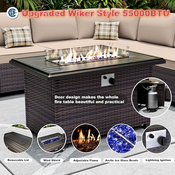 Outdoor Patio Furniture Set with Gas Fire Pit Table, 13 Pieces Outdoor Furniture Set Patio Sectional Sofa w/43in Propane Fire Pit, PE Wicker Rattan Patio Conversation Sets (Sand)