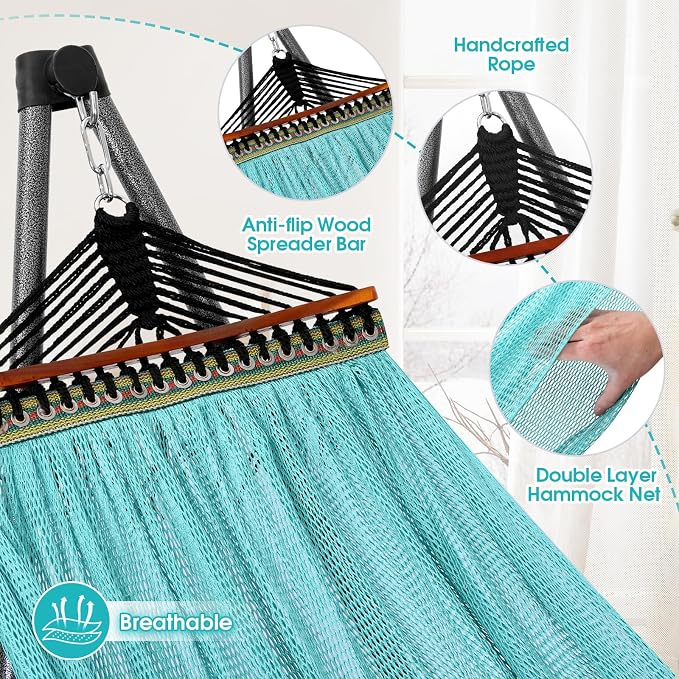 Goutime Collapsible Hammock Stand with Carry Bag, 550lbs,Portable,Sky Blue | 3 level adjustable up to 10ft, double layer hammock net, fits indoor, yard, camping, and outdoor use