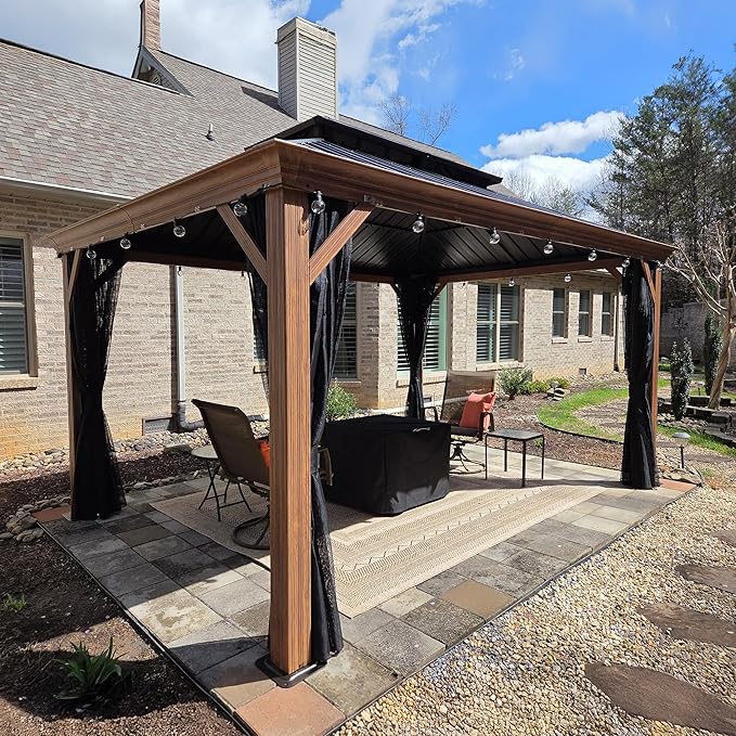 PURPLE LEAF 10' X 14' Outdoor Hardtop Gazebo for Patio Galvanized Steel Double Roof Permanent Canopy Teak Finish Coated Aluminum Frame Pavilion Gazebo with Netting and Lights
