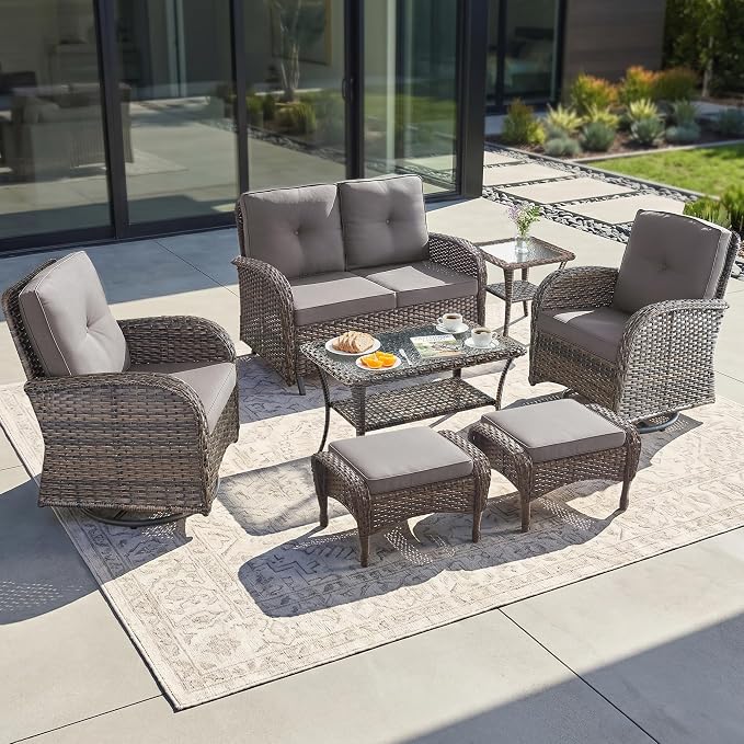 7 Piece Patio Furniture Set - Wicker Patio Conversation Set with Swivel Glider, Loveseat Bench, 2 Ottomans, Glass Side Table and Coffee Table for Deck Backyard - Brown Wicker Grey Cushion