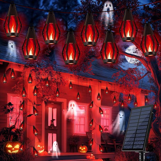 iBaycon 27FT 10 LED Solar Flame Halloween String Lights Outdoor, Red | Ultra-Real Flickering Flame Lamp Outdoor Waterproof, Solar Patio String Lights for Garden Yard Lawn Halloween Decorations